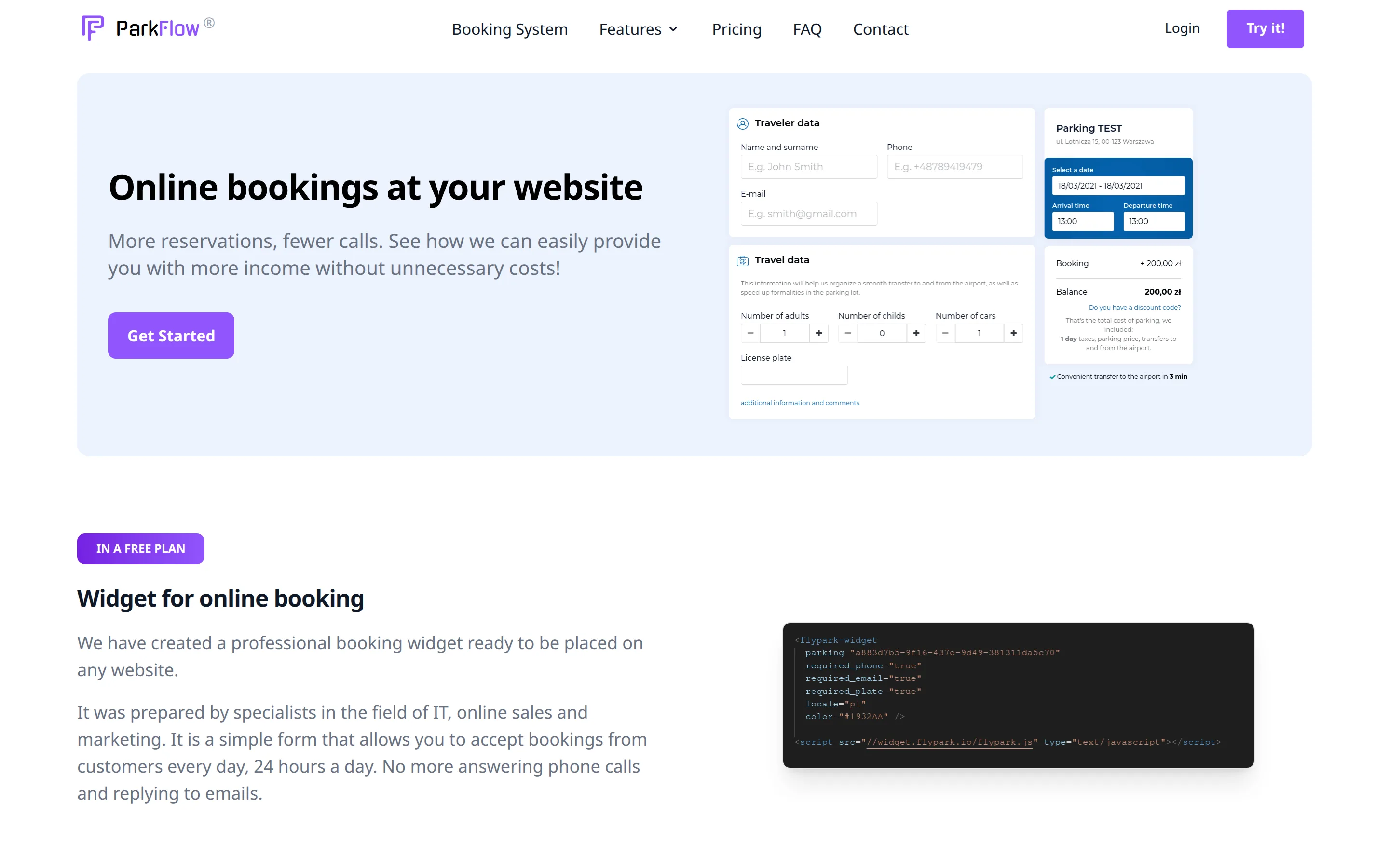 ParkFlow booking button page showing a traveller data form, a date and time picker with a price, and the embed snippet for the widget.
