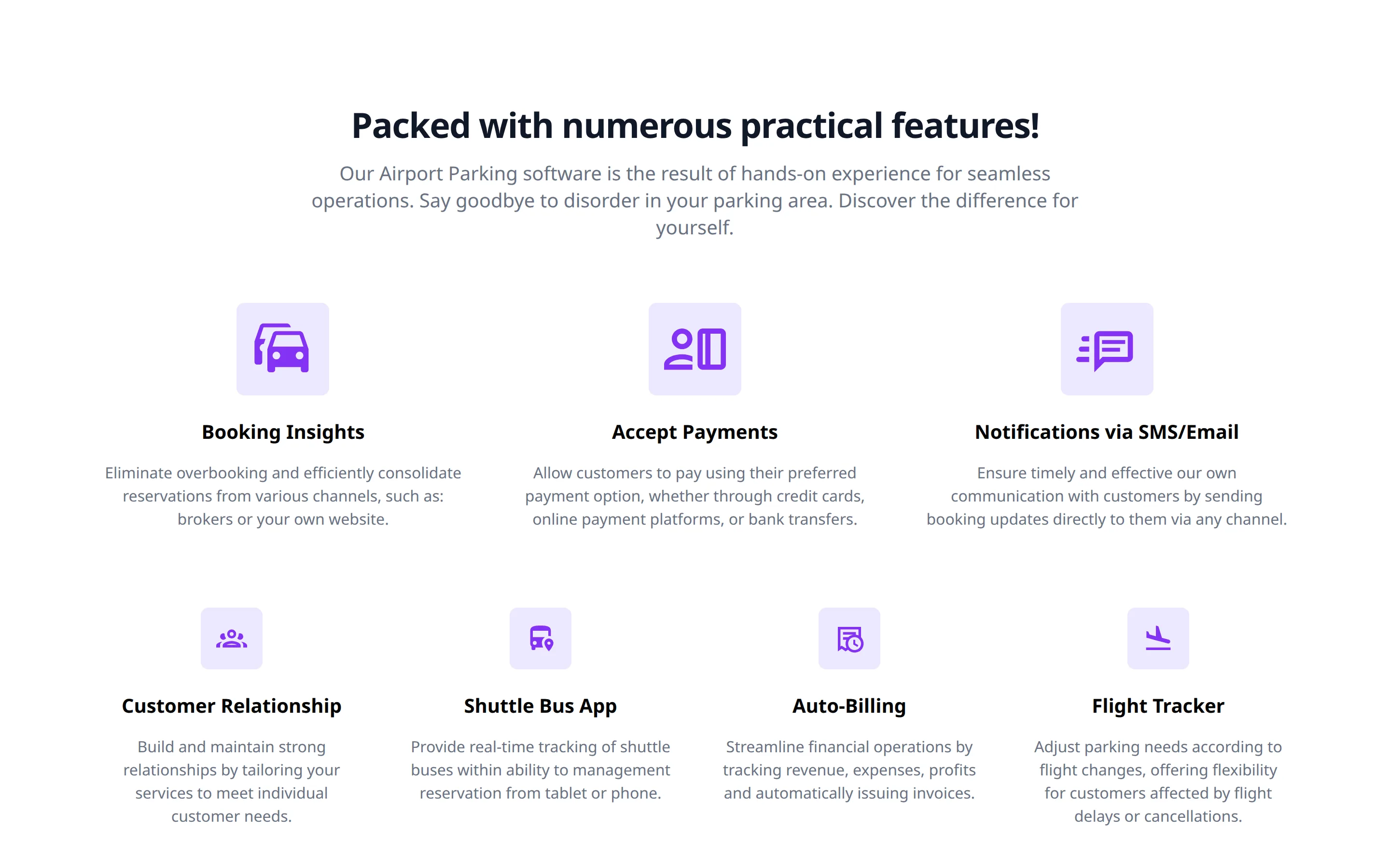 ParkFlow feature grid: booking insights, payments, SMS and email notifications, customer relationship, shuttle bus app, auto-billing and flight tracker.