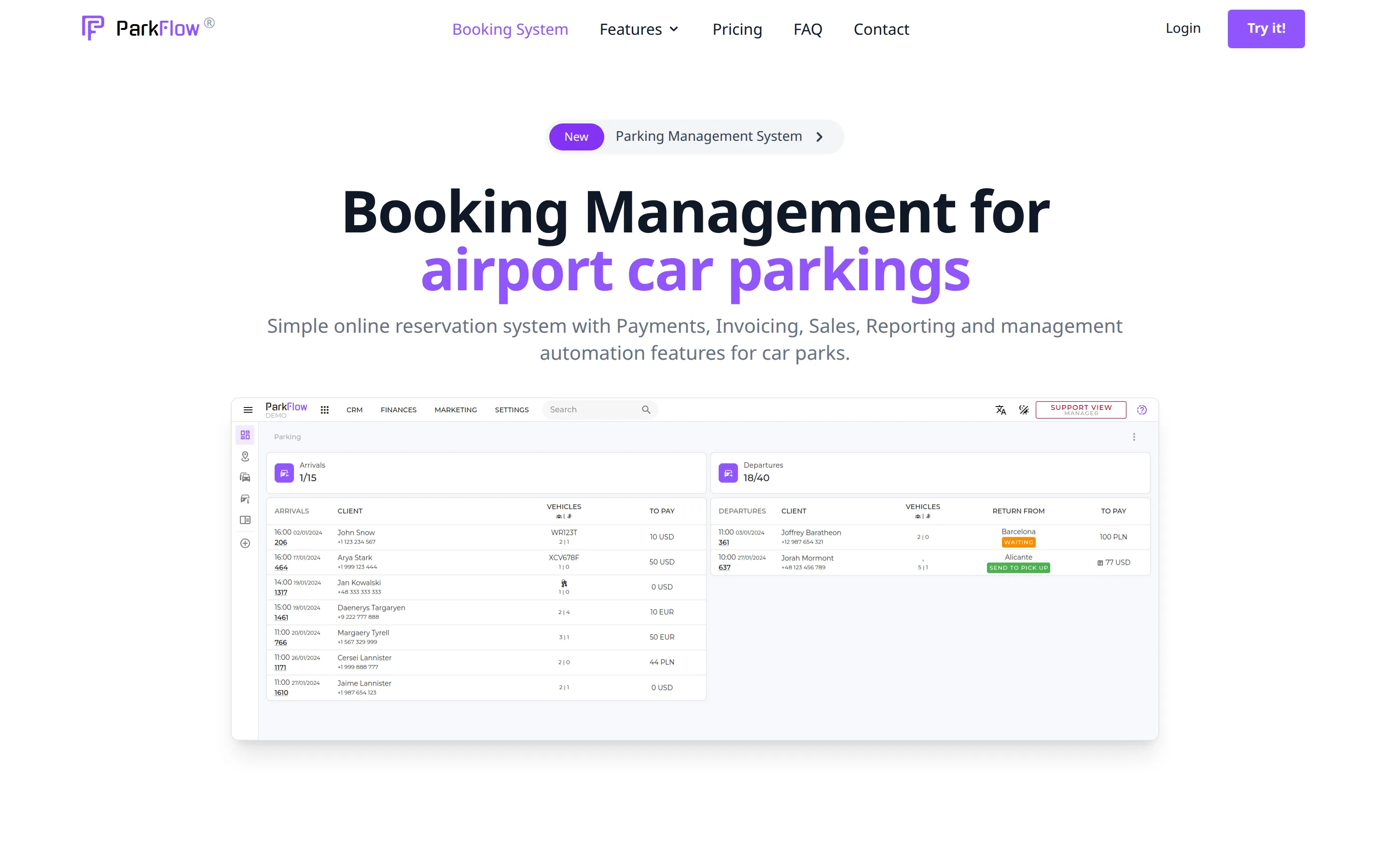 ParkFlow home page: “Booking Management for airport car parkings”, above a dispatch screen listing arrivals and departures with clients, vehicles and amounts to pay.