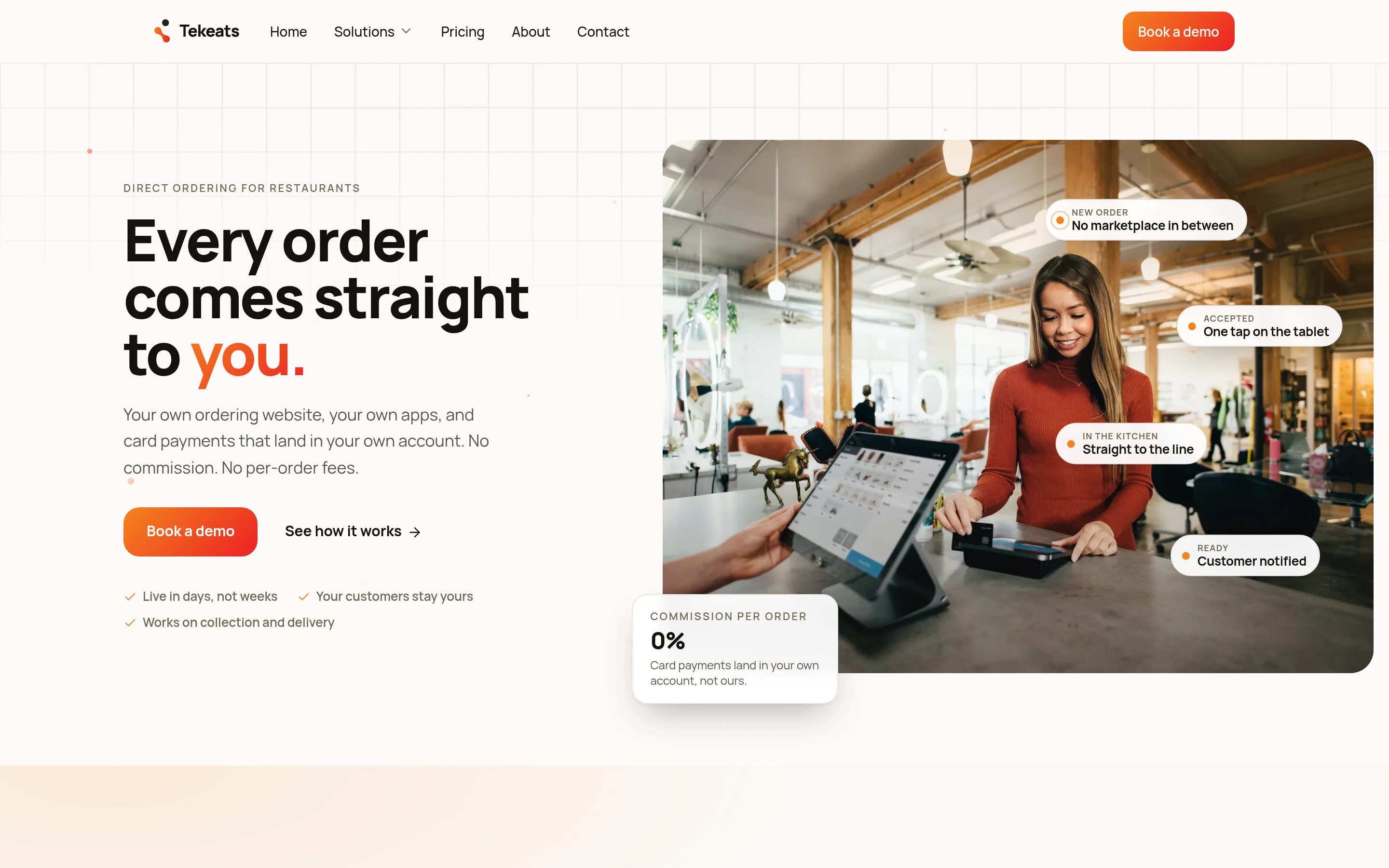 Tekeats home page: “Every order comes straight to you”, with a photo of a restaurant counter and a tablet showing live order statuses.