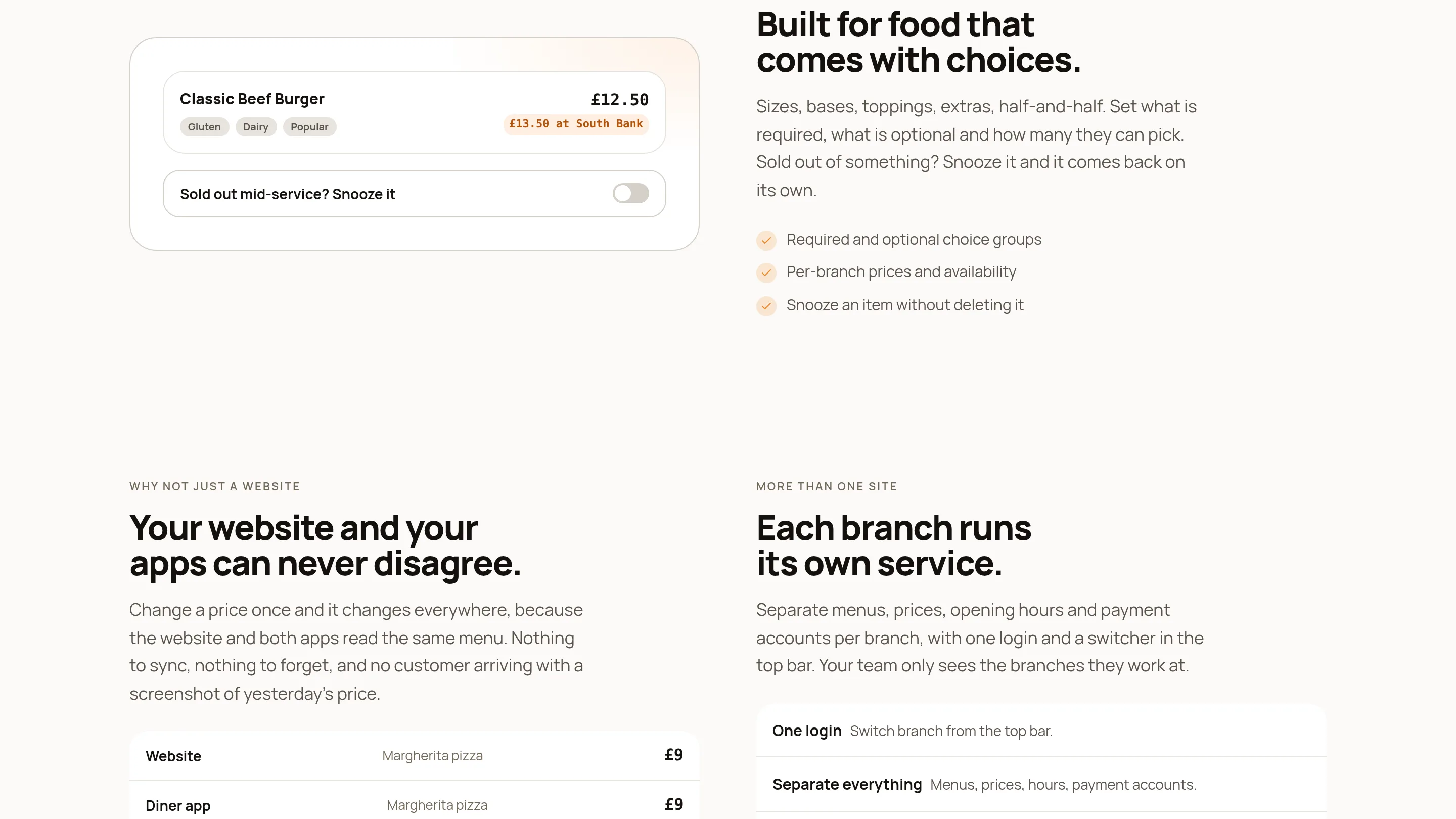 Tekeats section “Built for food that comes with choices” showing a Classic Beef Burger item with tags, a branch price and a snooze toggle.