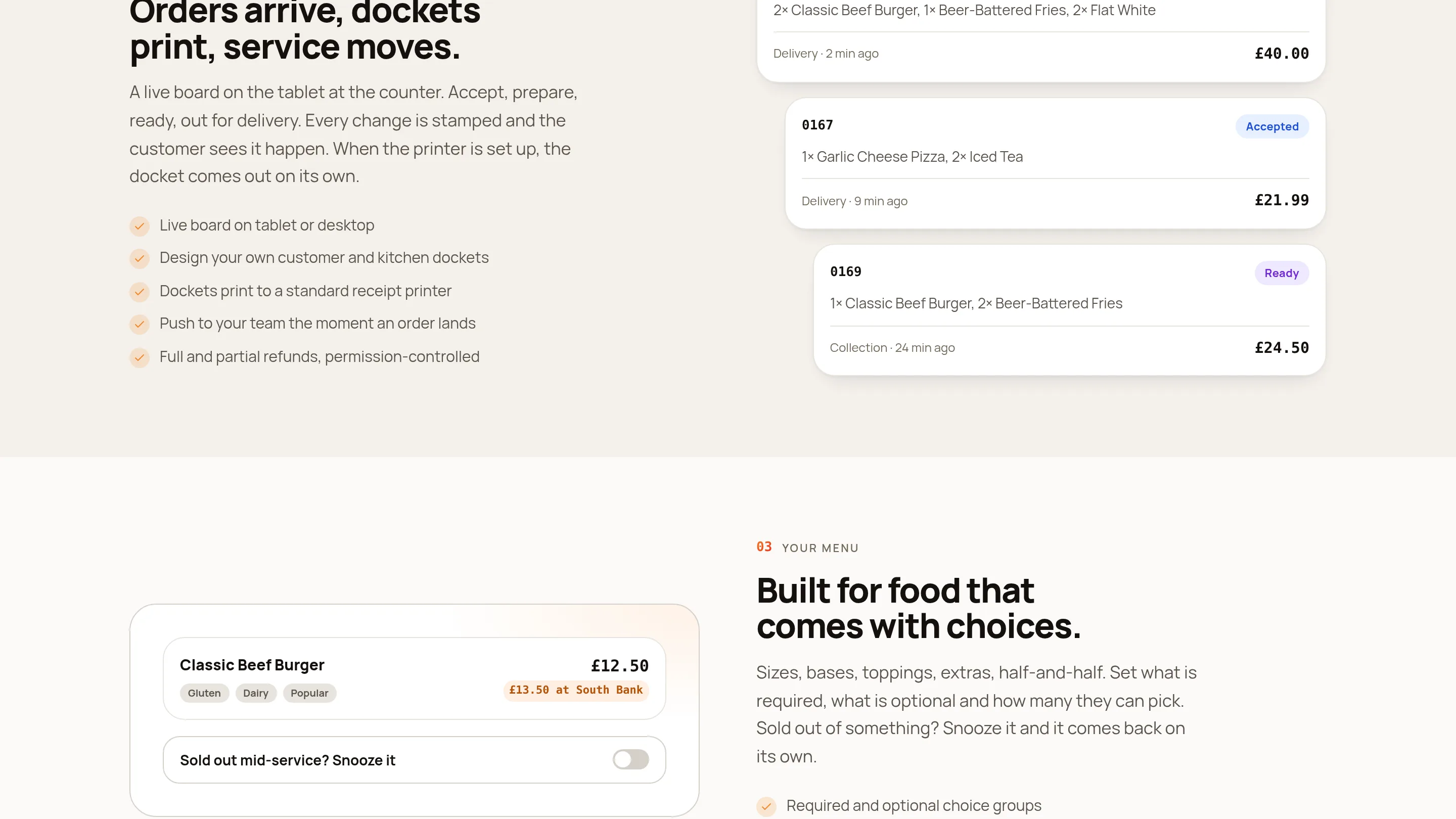 Tekeats section “Orders arrive, dockets print, service moves” with three order cards marked New, Accepted and Ready.