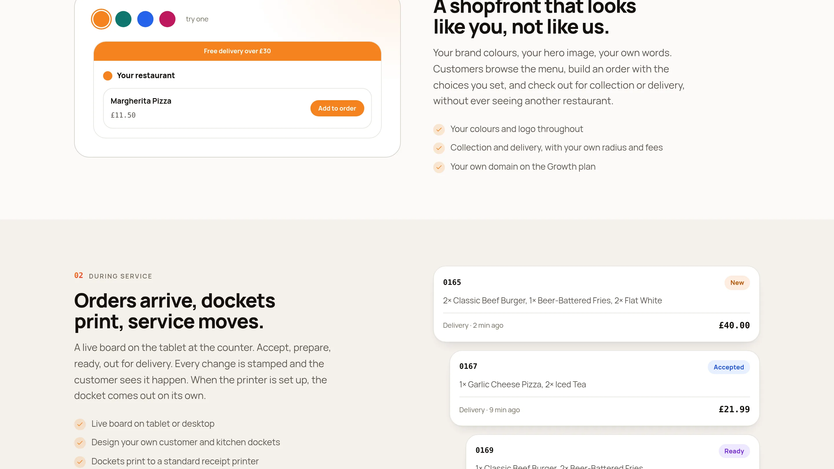 Tekeats section “A shopfront that looks like you, not like us” with a colour picker and a sample ordering page for Margherita Pizza.