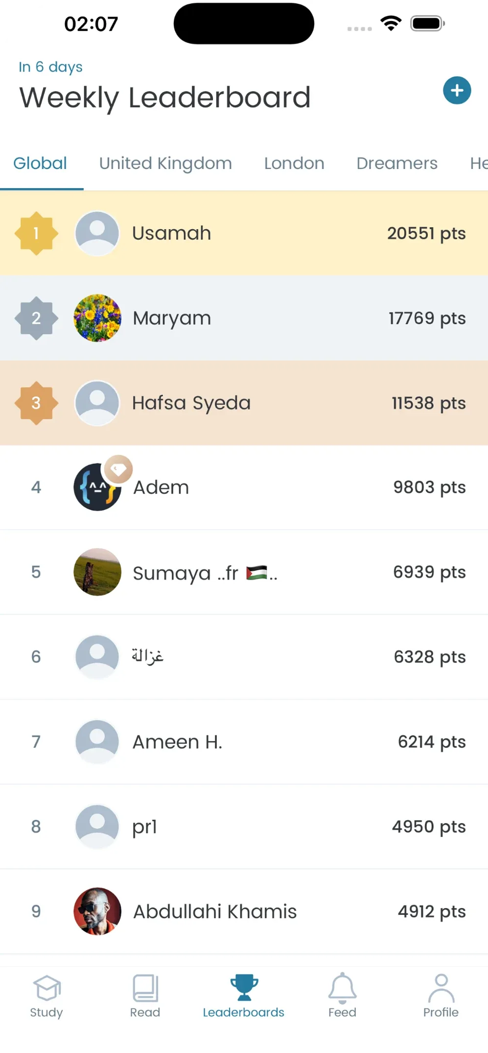 Kalaam weekly leaderboard listing ranked learners and their points, with tabs for global, country and city.