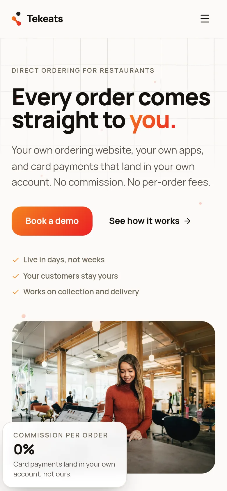 Tekeats home page on a phone.