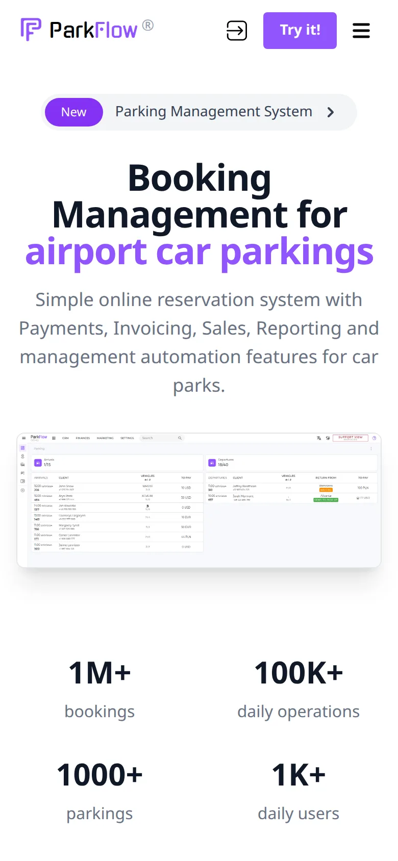 ParkFlow home page on a phone.