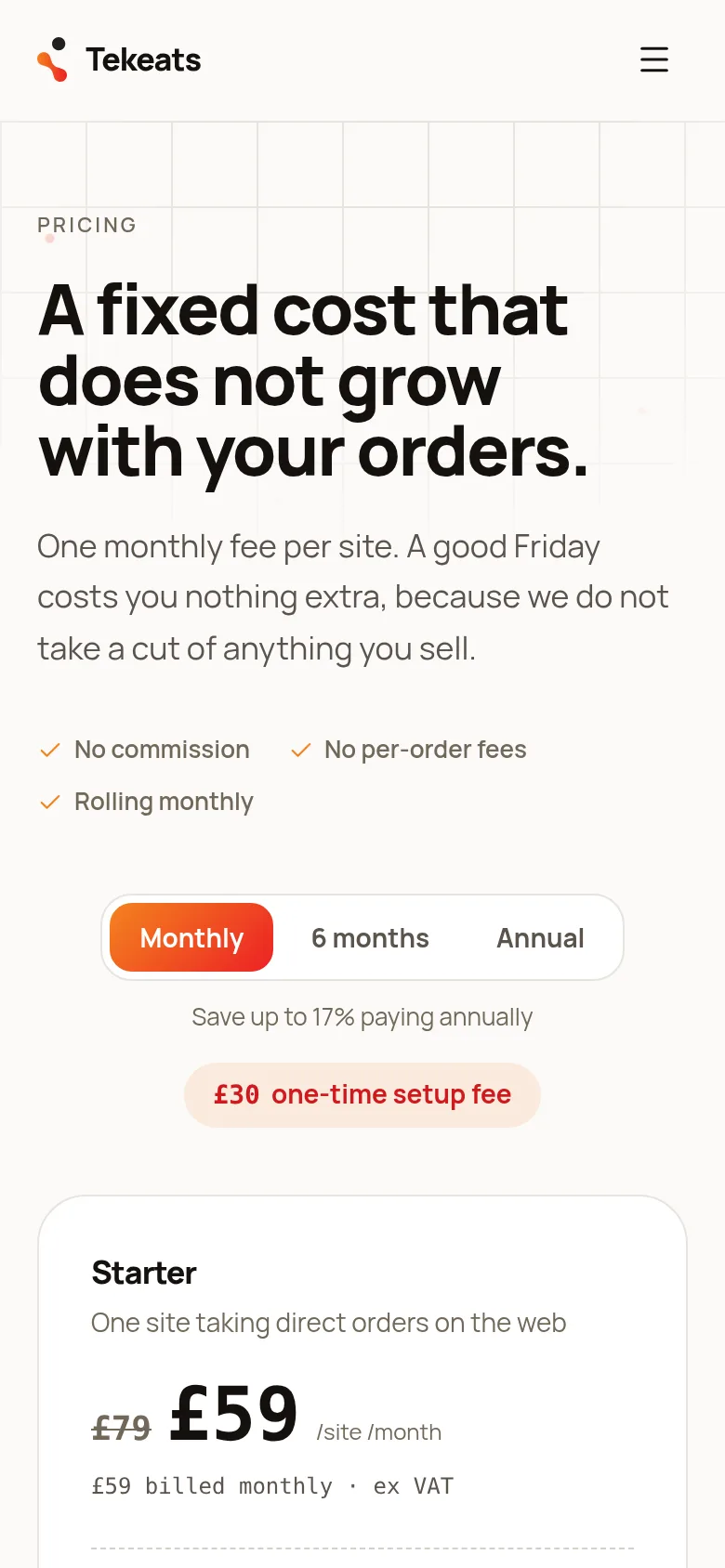 Tekeats pricing page on a phone.