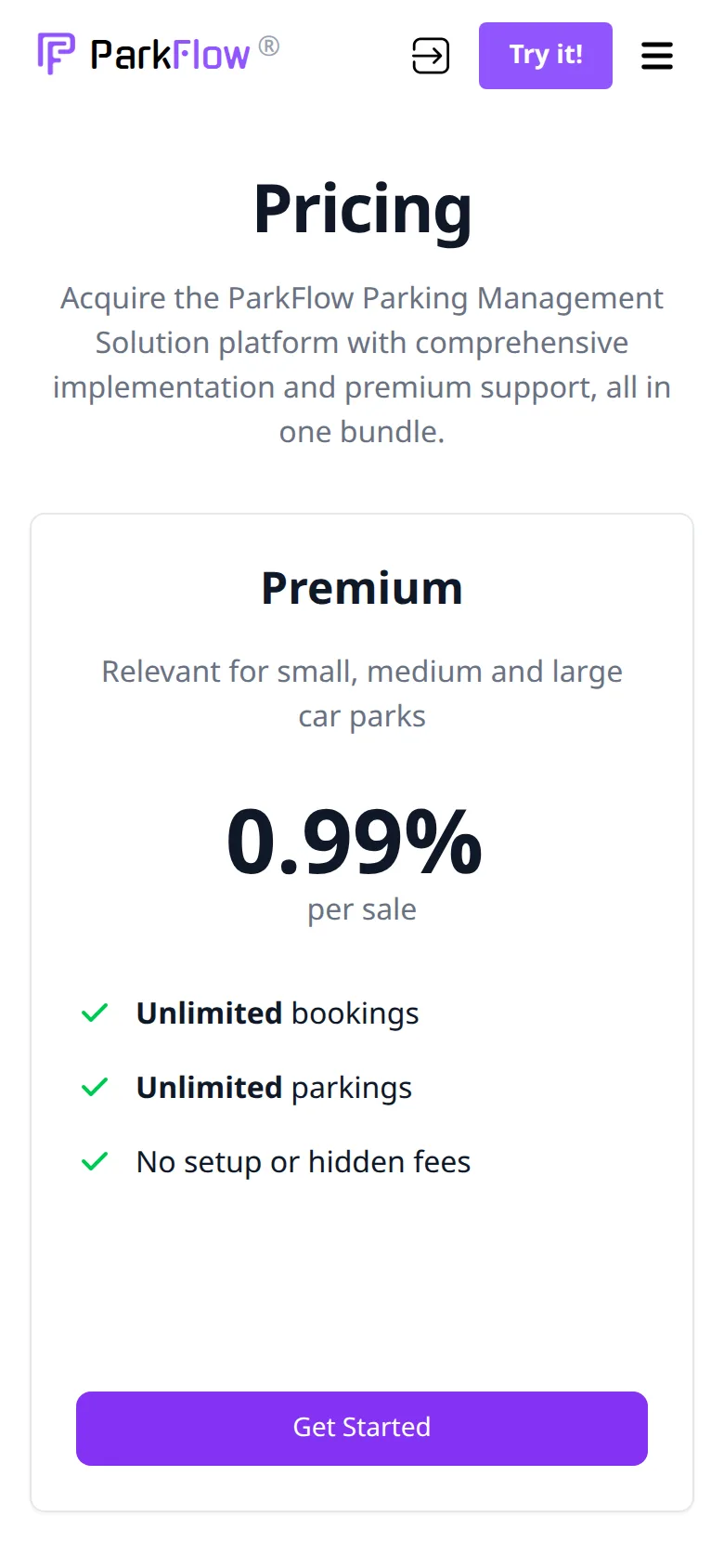 ParkFlow pricing page on a phone.