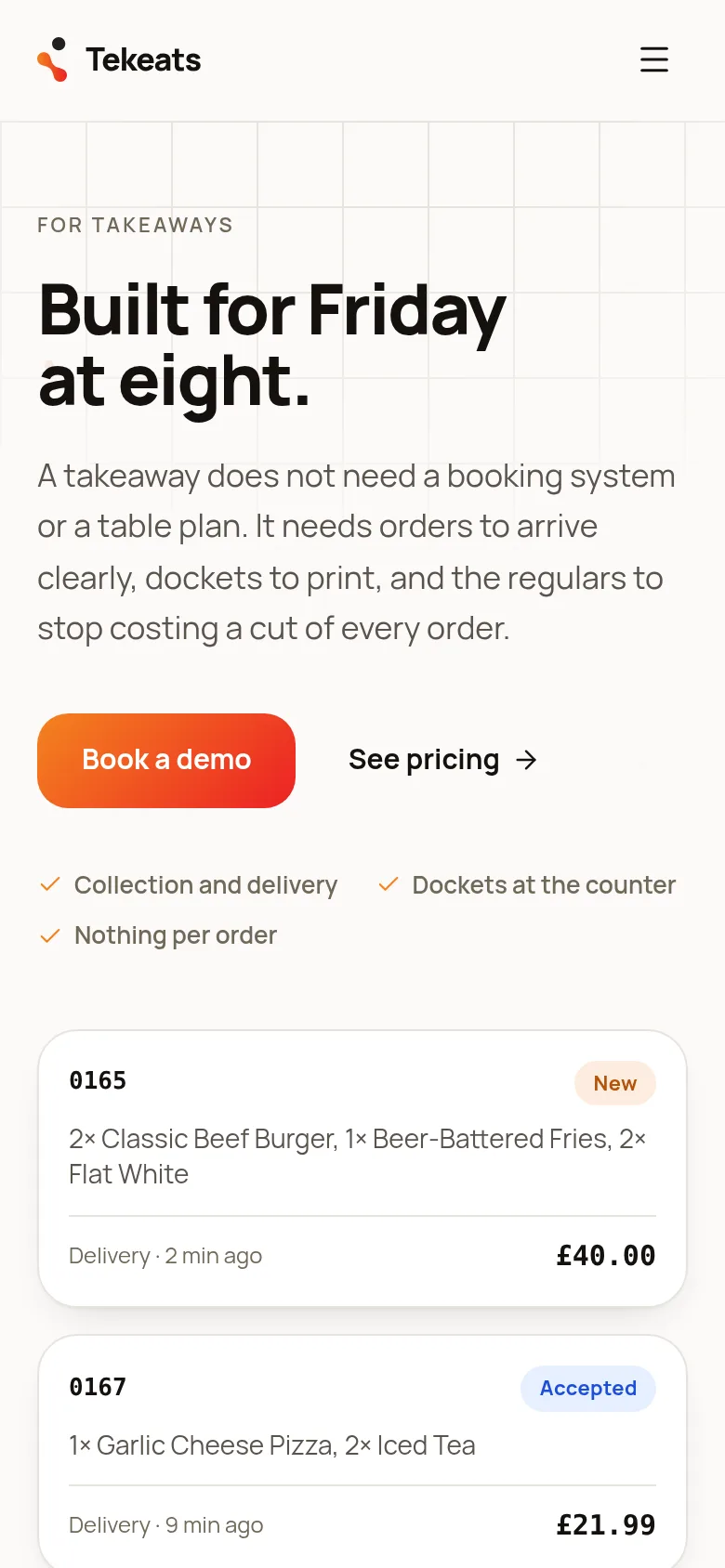 Tekeats “For takeaways” page on a phone.