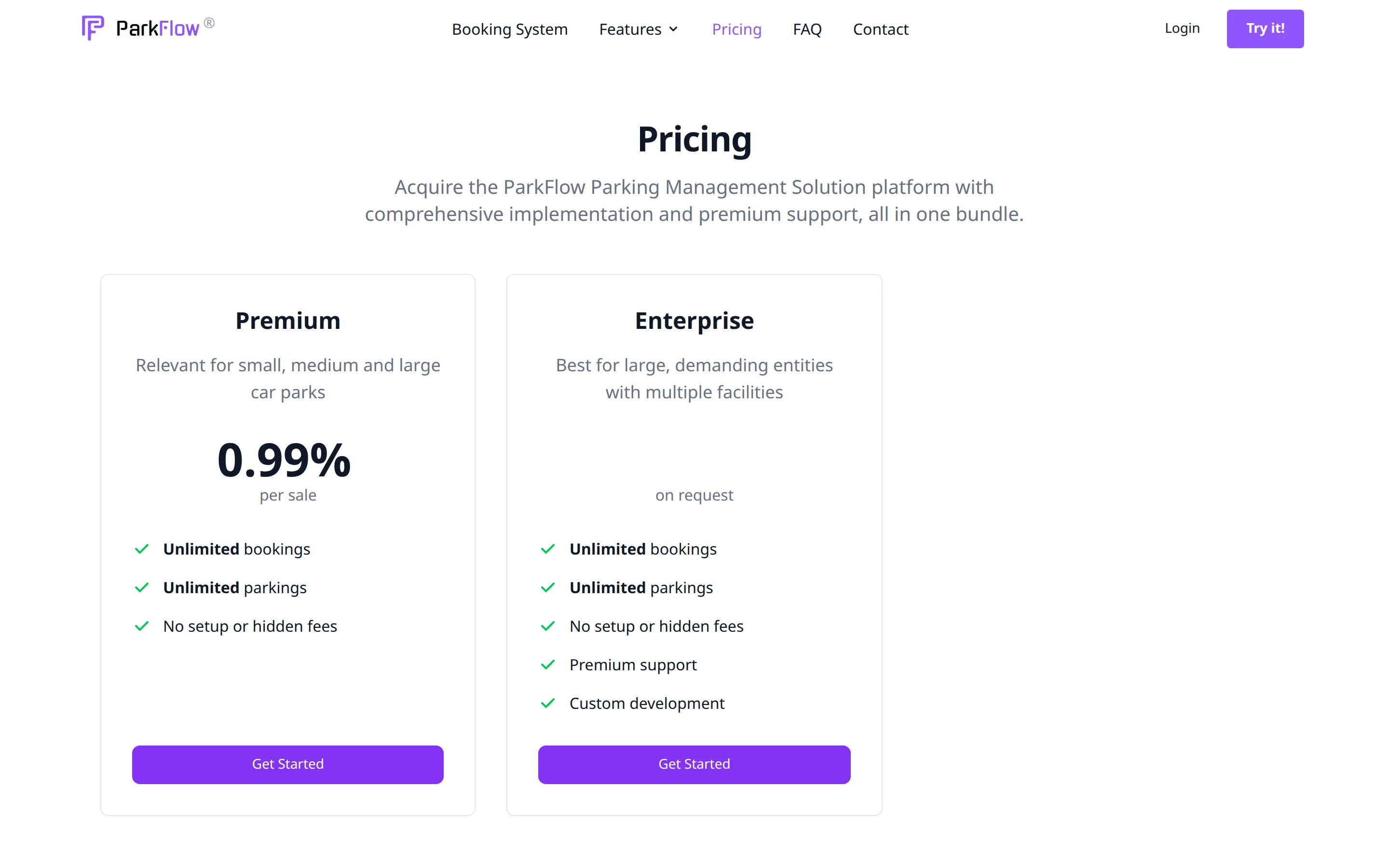 ParkFlow pricing page showing the available plans.